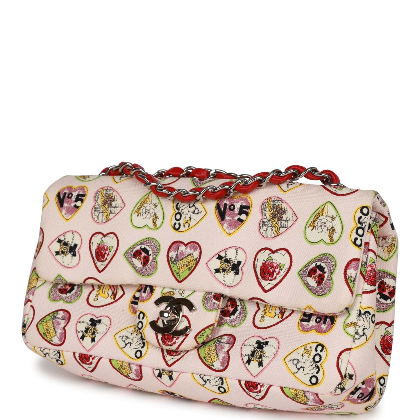 Chanel Small Classic Coco Heart Motif Flap Bag Multicolor Canvas Silver Hardware