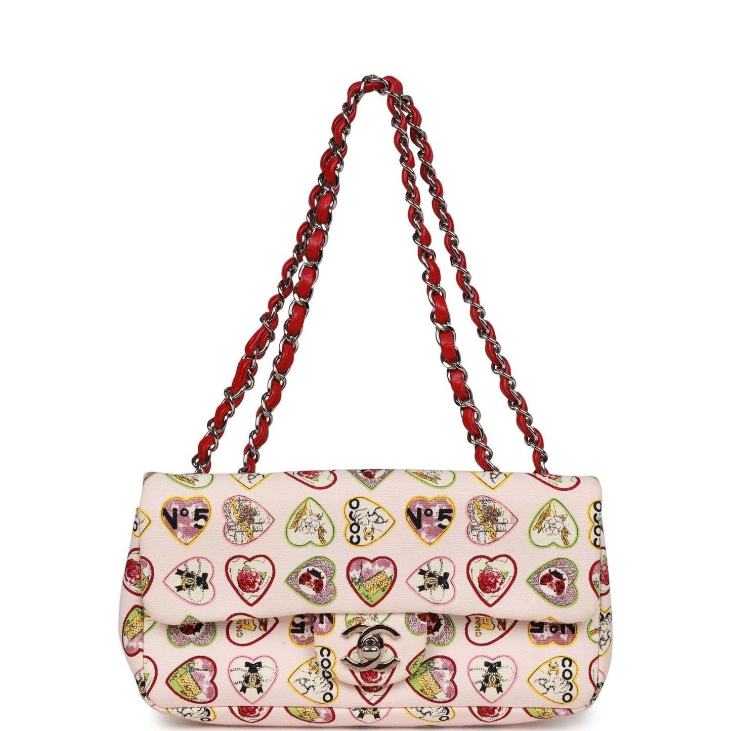 Chanel Small Classic Coco Heart Motif Flap Bag Multicolor Canvas Silver Hardware