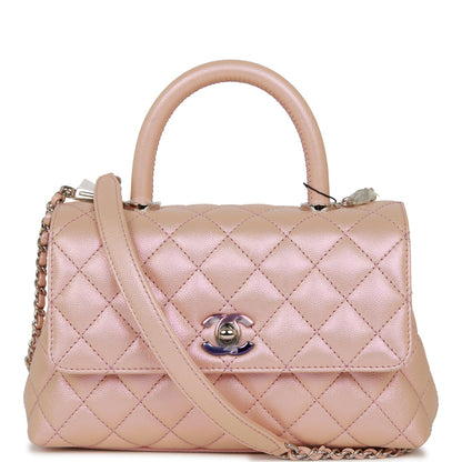 Chanel Small Coco Handle Flap Bag Pink Iridescent Caviar Silver Hardware