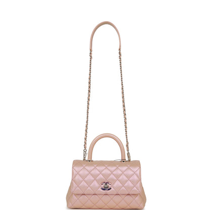 Chanel Small Coco Handle Flap Bag Pink Iridescent Caviar Silver Hardware
