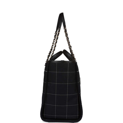 Chanel Large Deauville Shopping Bag Black and White Grid Light Gold Hardware