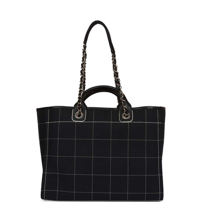 Chanel Large Deauville Shopping Bag Black and White Grid Light Gold Hardware