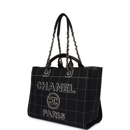 Chanel Large Deauville Shopping Bag Black and White Grid Light Gold Hardware