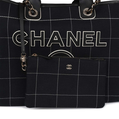 Chanel Large Deauville Shopping Bag Black and White Grid Light Gold Hardware