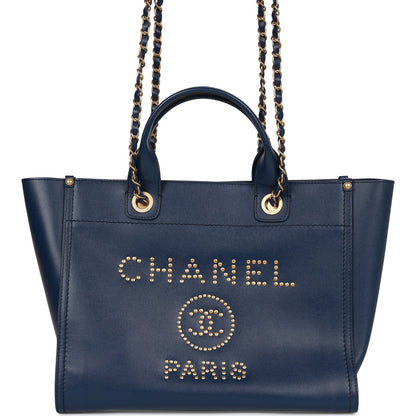 Chanel Small Deauville Shopping Bag Blue Caviar Antique Gold Hardware