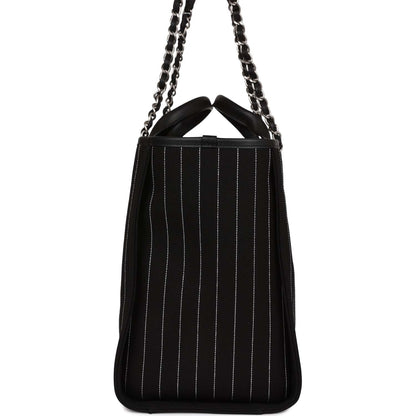 Chanel Large Deauville Shopping Bag Black and White Pinstripe Ruthenium Hardware