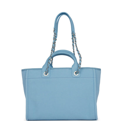 Chanel Small Deauville Shopping Bag Blue Boucle Silver Hardware