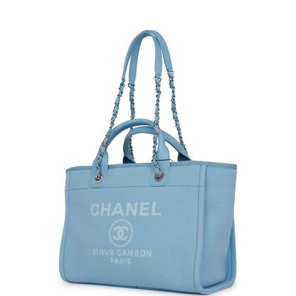 Chanel Small Deauville Shopping Bag Blue Boucle Silver Hardware