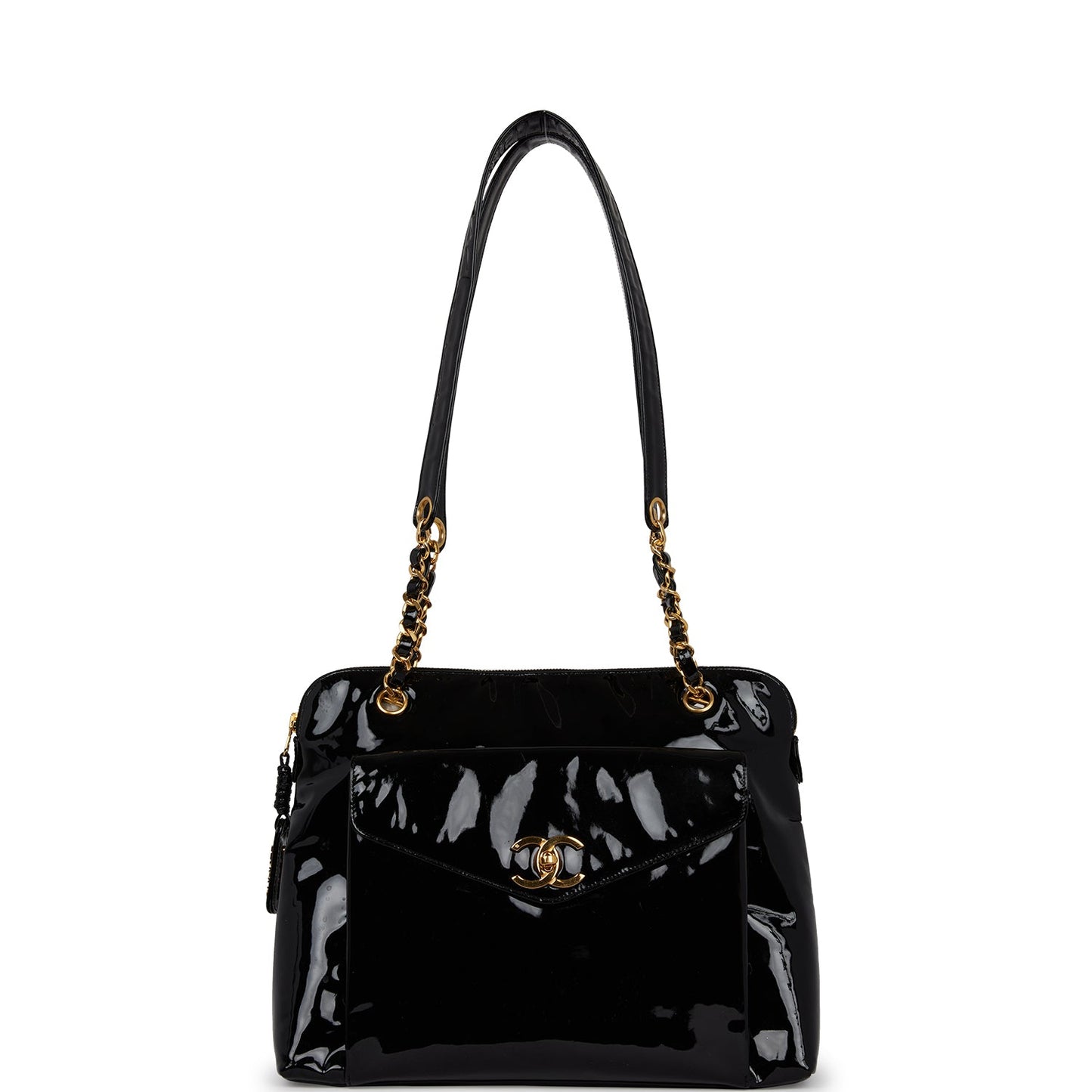 Chanel Vintage Tote Bag Black Patent Gold Hardware
