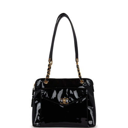 Chanel Vintage Tote Bag Black Patent Gold Hardware