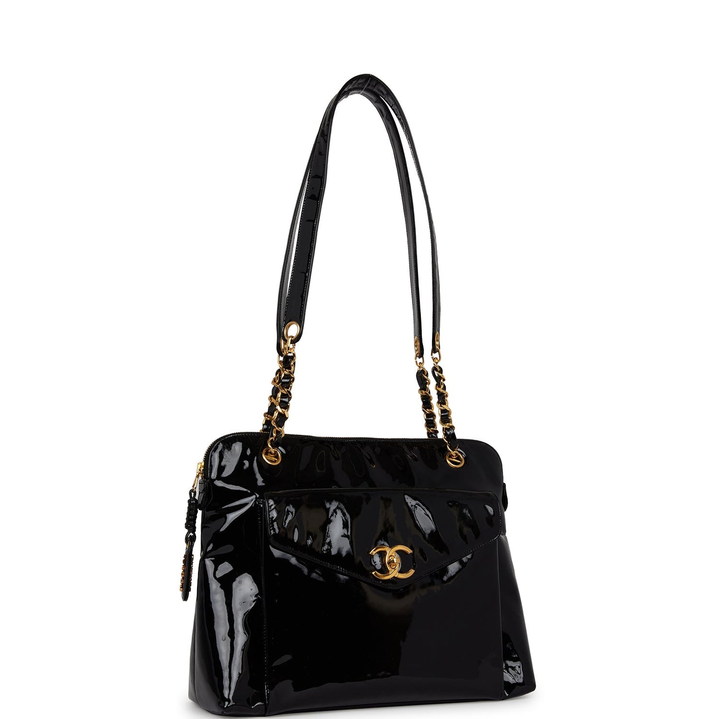 Chanel Vintage Tote Bag Black Patent Gold Hardware