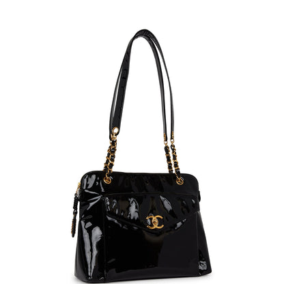 Chanel Vintage Tote Bag Black Patent Gold Hardware