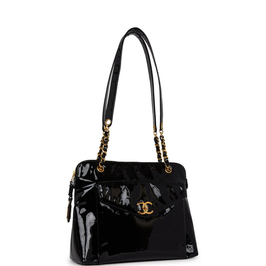 Chanel Vintage Tote Bag Black Patent Gold Hardware