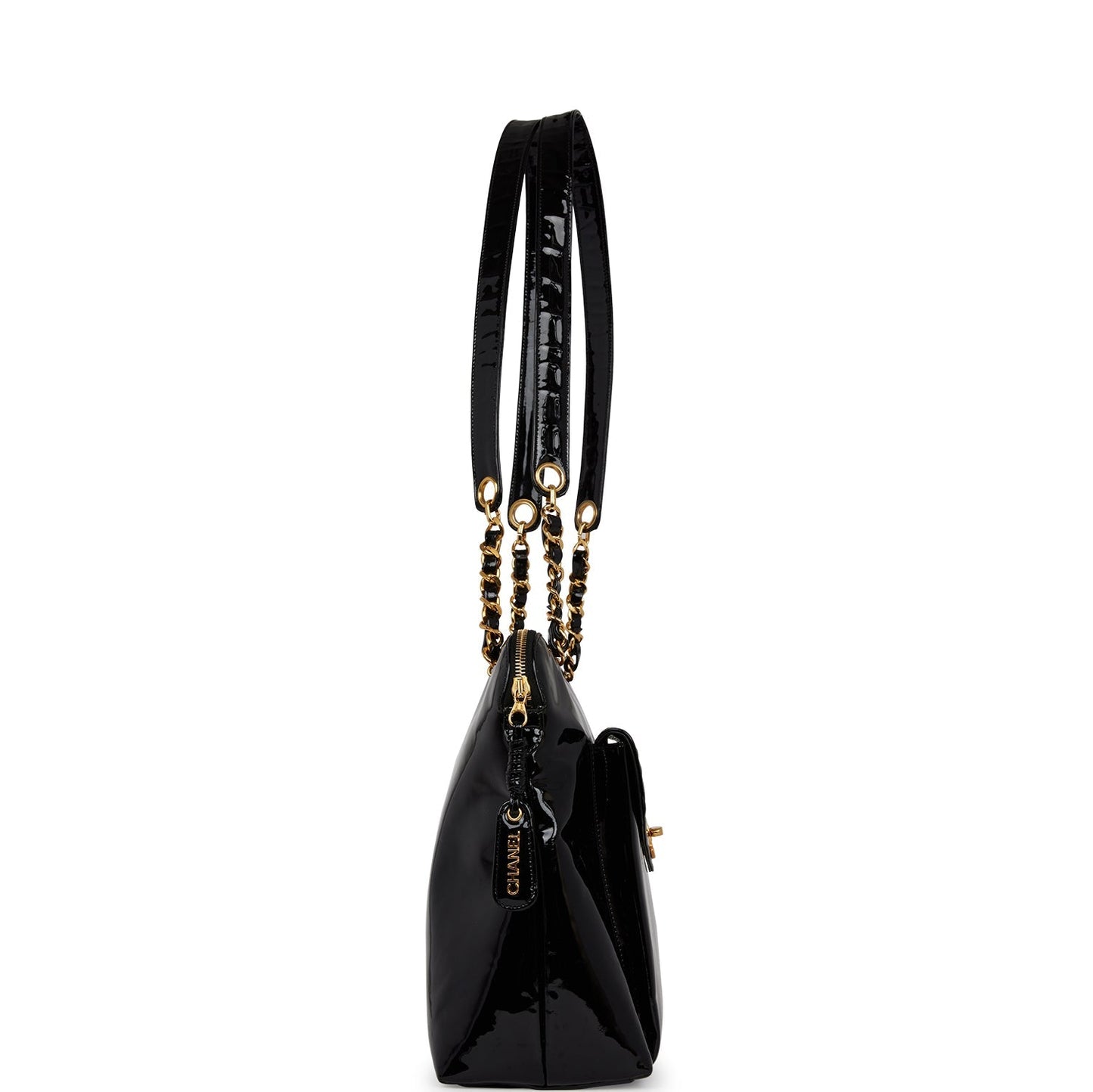 Chanel Vintage Tote Bag Black Patent Gold Hardware
