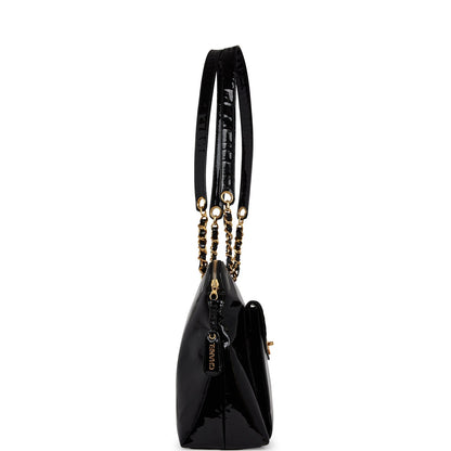 Chanel Vintage Tote Bag Black Patent Gold Hardware