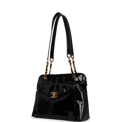 Chanel Vintage Tote Bag Black Patent Gold Hardware