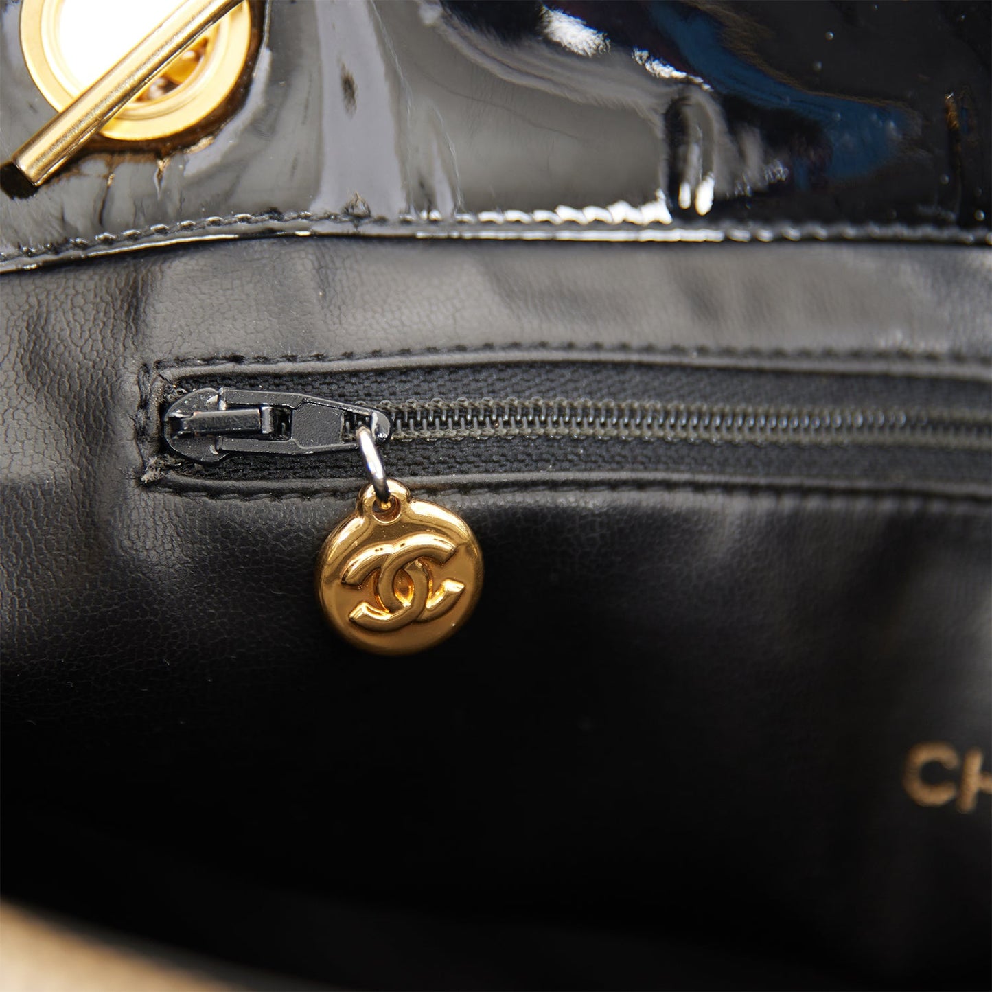 Chanel Vintage Tote Bag Black Patent Gold Hardware