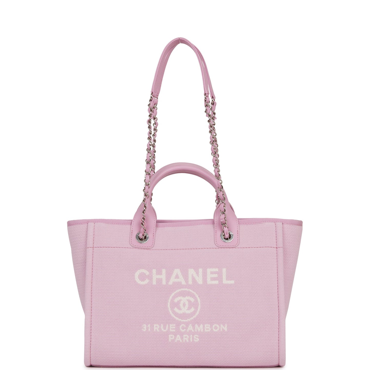 Chanel Small Deauville Shopping Bag Pink Boucle Silver Hardware
