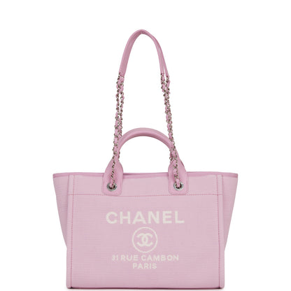 Chanel Small Deauville Shopping Bag Pink Boucle Silver Hardware