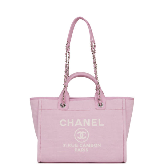 Chanel Small Deauville Shopping Bag Pink Boucle Silver Hardware