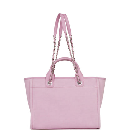 Chanel Small Deauville Shopping Bag Pink Boucle Silver Hardware