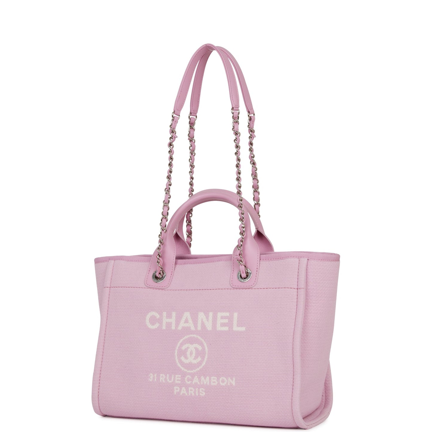 Chanel Small Deauville Shopping Bag Pink Boucle Silver Hardware
