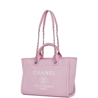 Chanel Small Deauville Shopping Bag Pink Boucle Silver Hardware