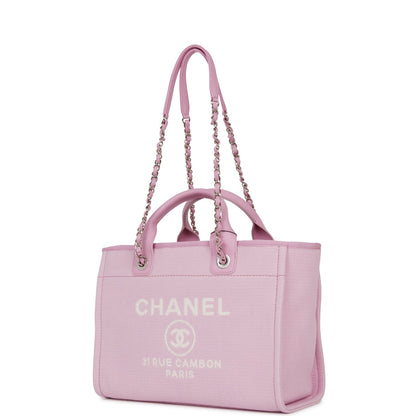 Chanel Small Deauville Shopping Bag Pink Boucle Silver Hardware