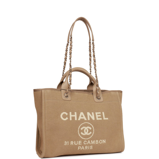 Chanel Small Deauville Shopping Bag Beige Boucle Light Gold Hardware