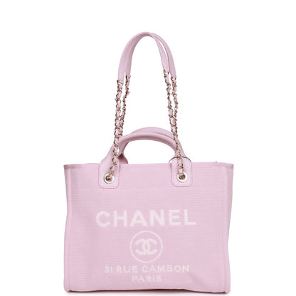 Chanel Small Deauville Shopping Bag Pink Boucle Light Gold Hardware