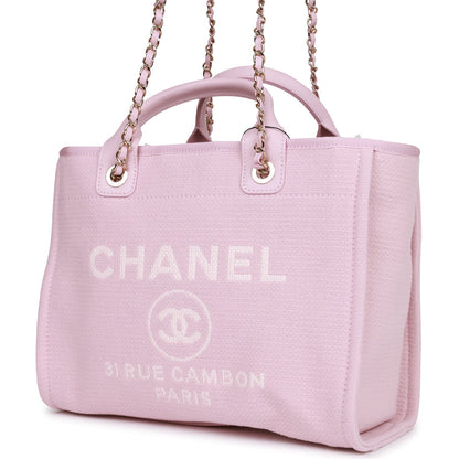 Chanel Small Deauville Shopping Bag Pink Boucle Light Gold Hardware