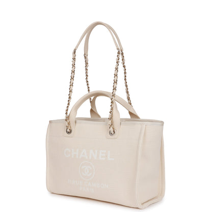 Chanel Small Deauville Shopping Bag White Boucle Light Gold Hardware