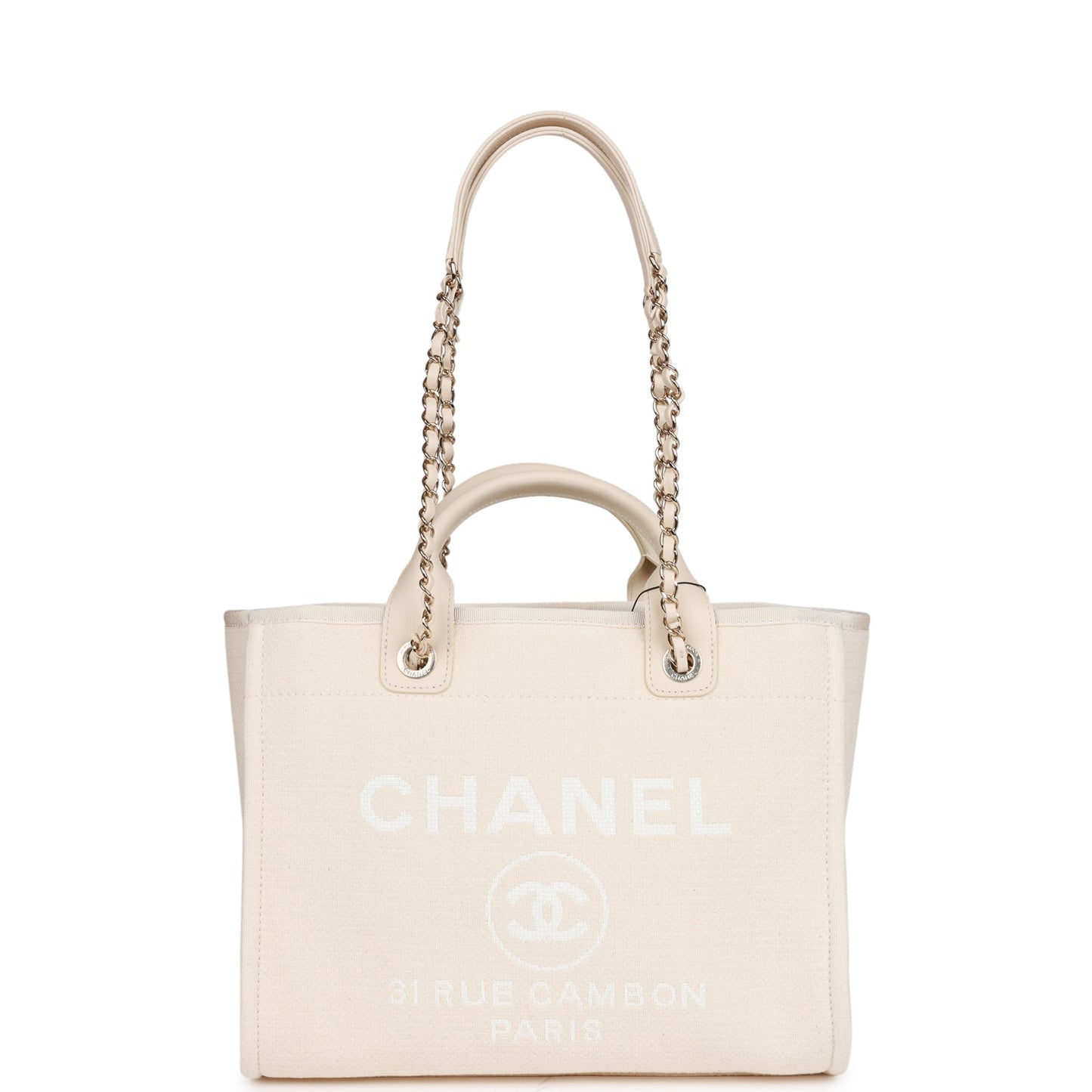 Chanel Large Deauville Shopping Bag White Boucle Light Gold Hardware