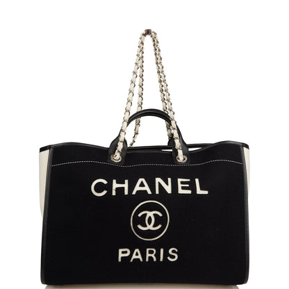 Chanel Large Deauville Shopping Bag Black and White Wool Silver Hardware