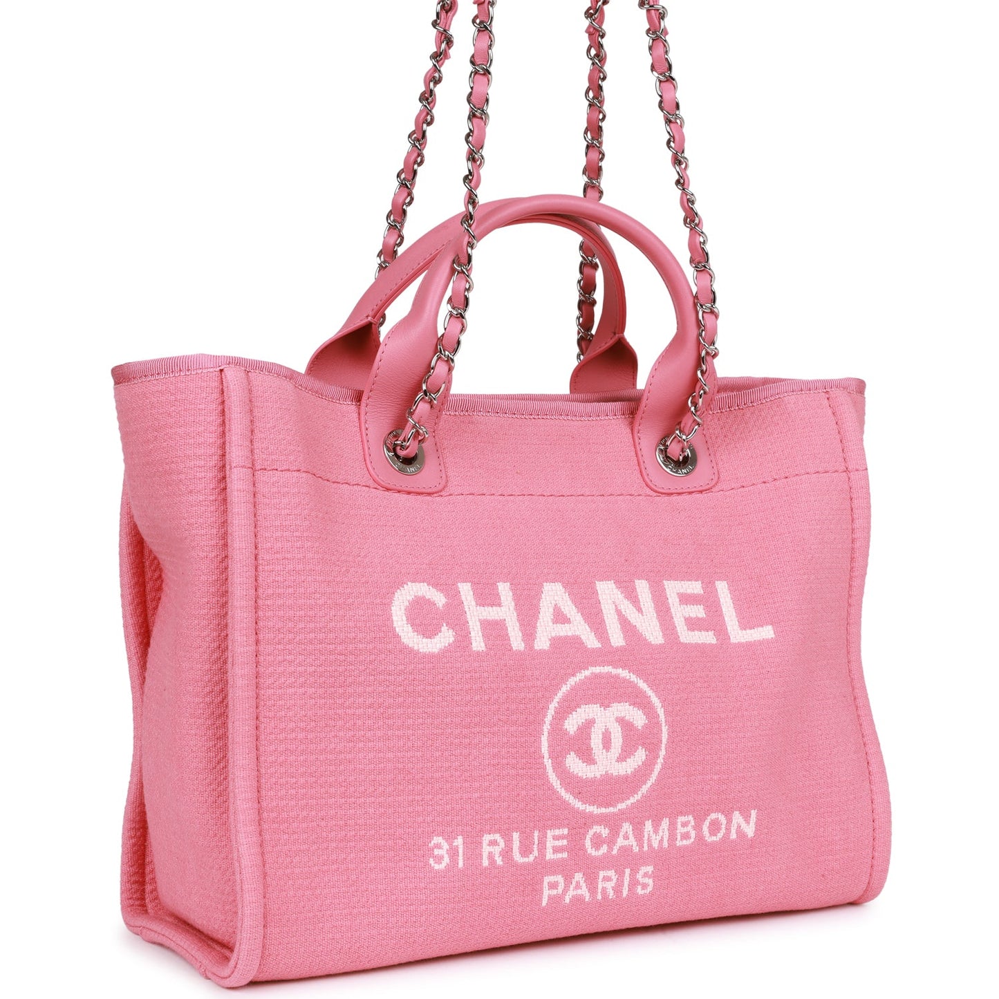 Chanel Small Deauville Shopping Bag Pink Boucle Silver Hardware
