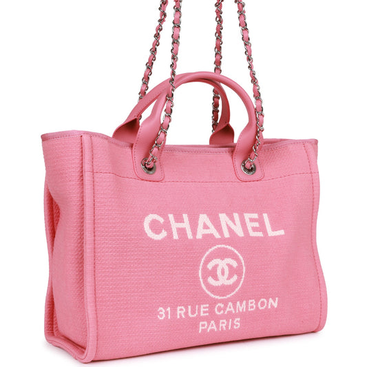 Chanel Small Deauville Shopping Bag Pink Boucle Silver Hardware