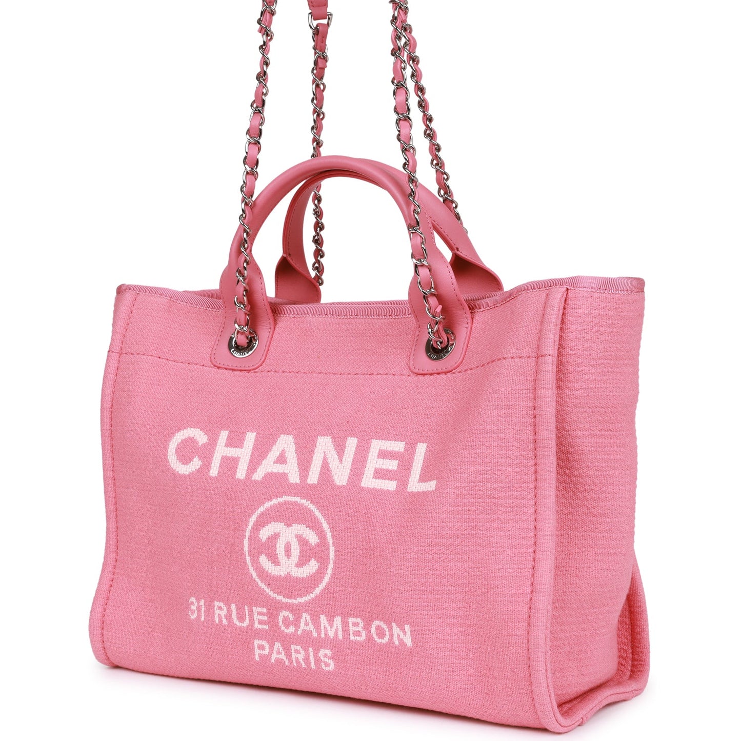 Chanel Small Deauville Shopping Bag Pink Boucle Silver Hardware