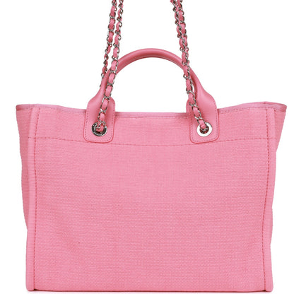 Chanel Small Deauville Shopping Bag Pink Boucle Silver Hardware
