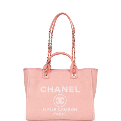 Chanel Small Deauville Shopping Bag Pink Boucle Light Gold Hardware
