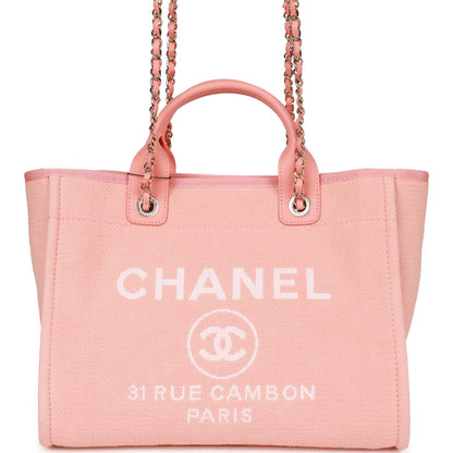 Chanel Small Deauville Shopping Bag Pink Boucle Light Gold Hardware