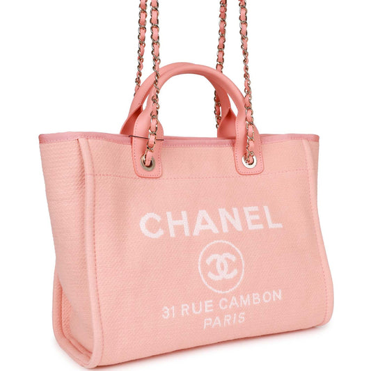 Chanel Small Deauville Shopping Bag Pink Boucle Light Gold Hardware