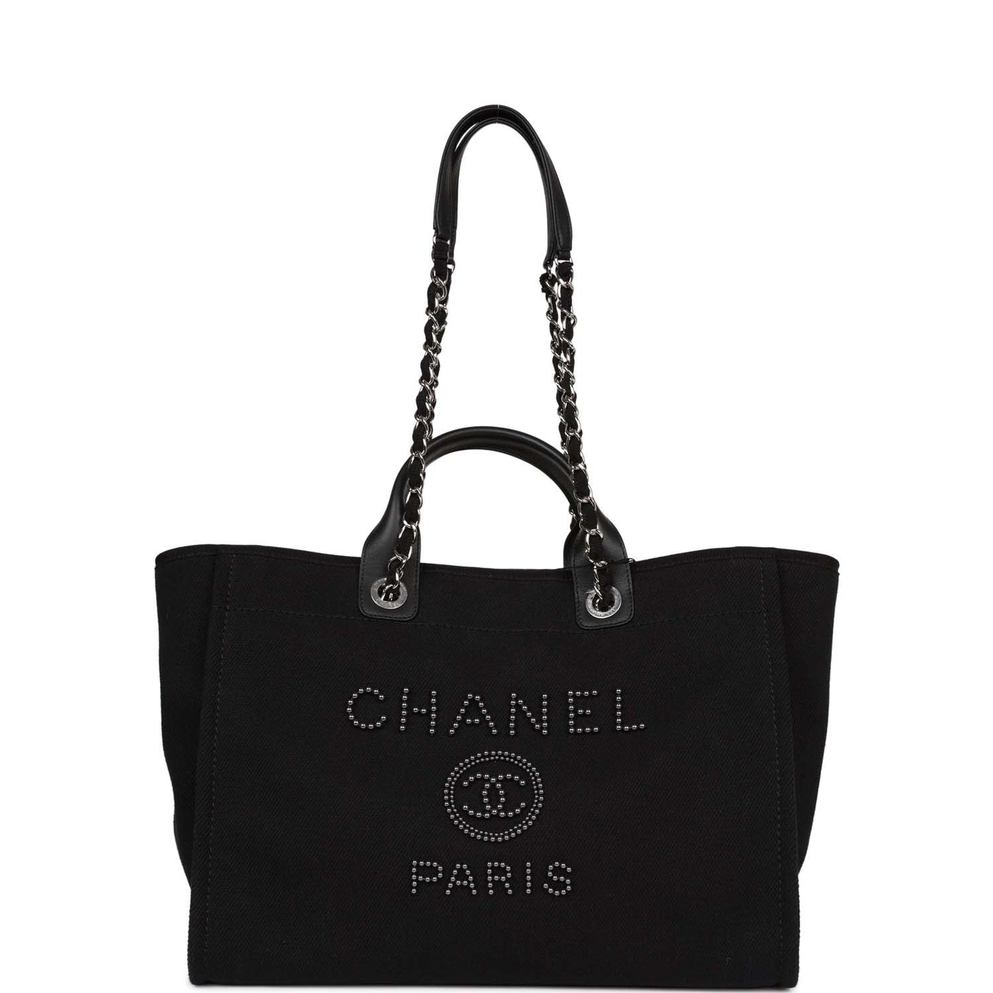 Chanel Large Deauville Shopping Bag Imitation Pearl and Black Canvas Silver Hardware