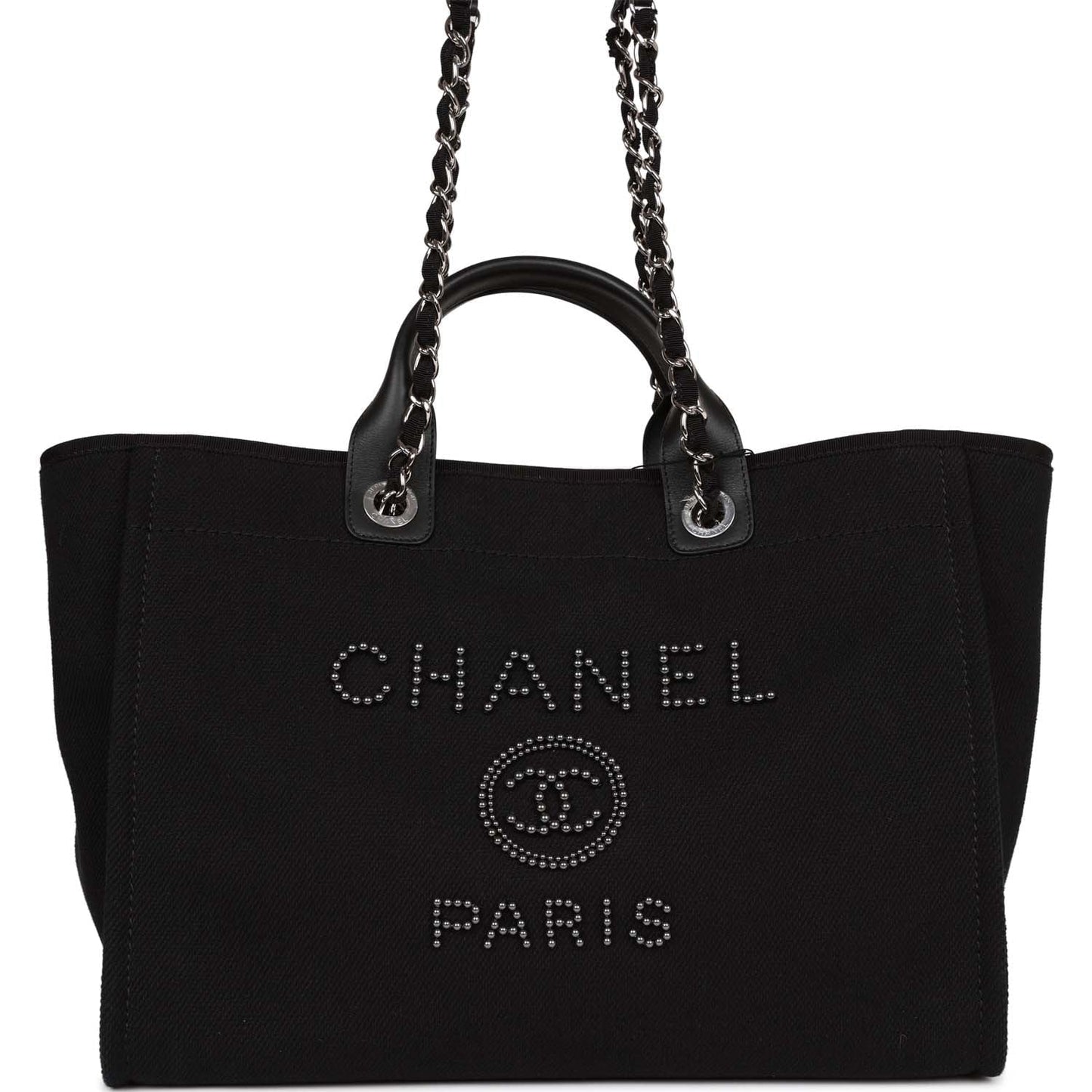 Chanel Large Deauville Shopping Bag Imitation Pearl and Black Canvas Silver Hardware