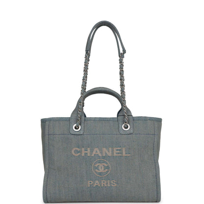 Chanel Small Deauville Shopping Tote Distressed Blue Denim Aged Silver Hardware