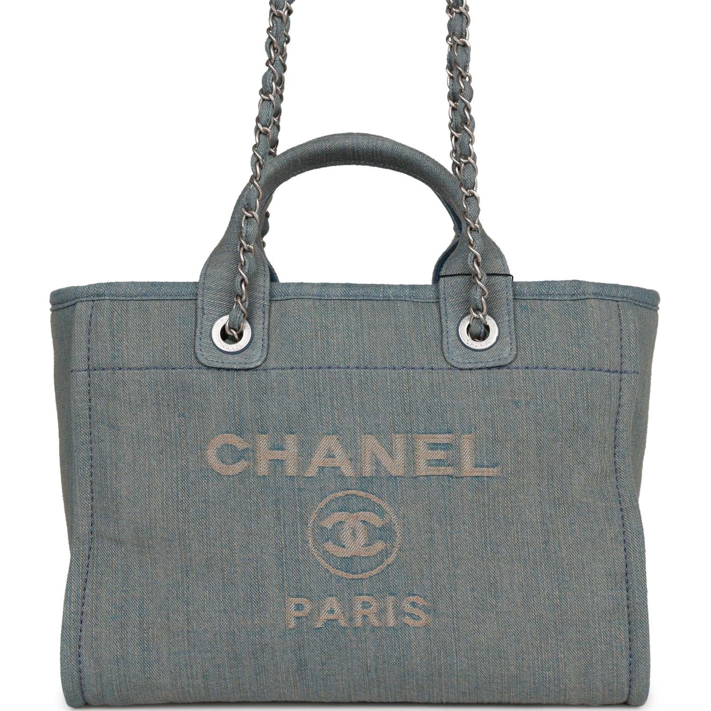 Chanel Small Deauville Shopping Tote Distressed Blue Denim Aged Silver Hardware