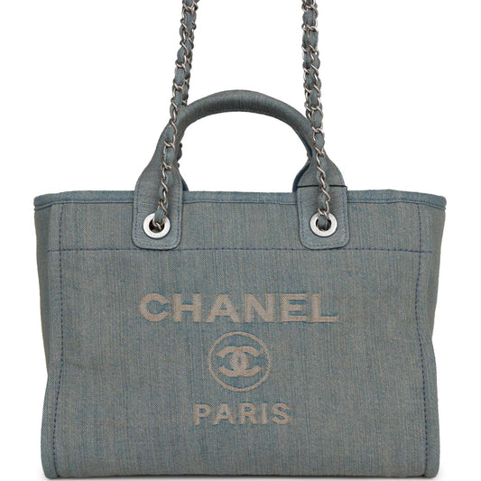Chanel Small Deauville Shopping Tote Distressed Blue Denim Aged Silver Hardware