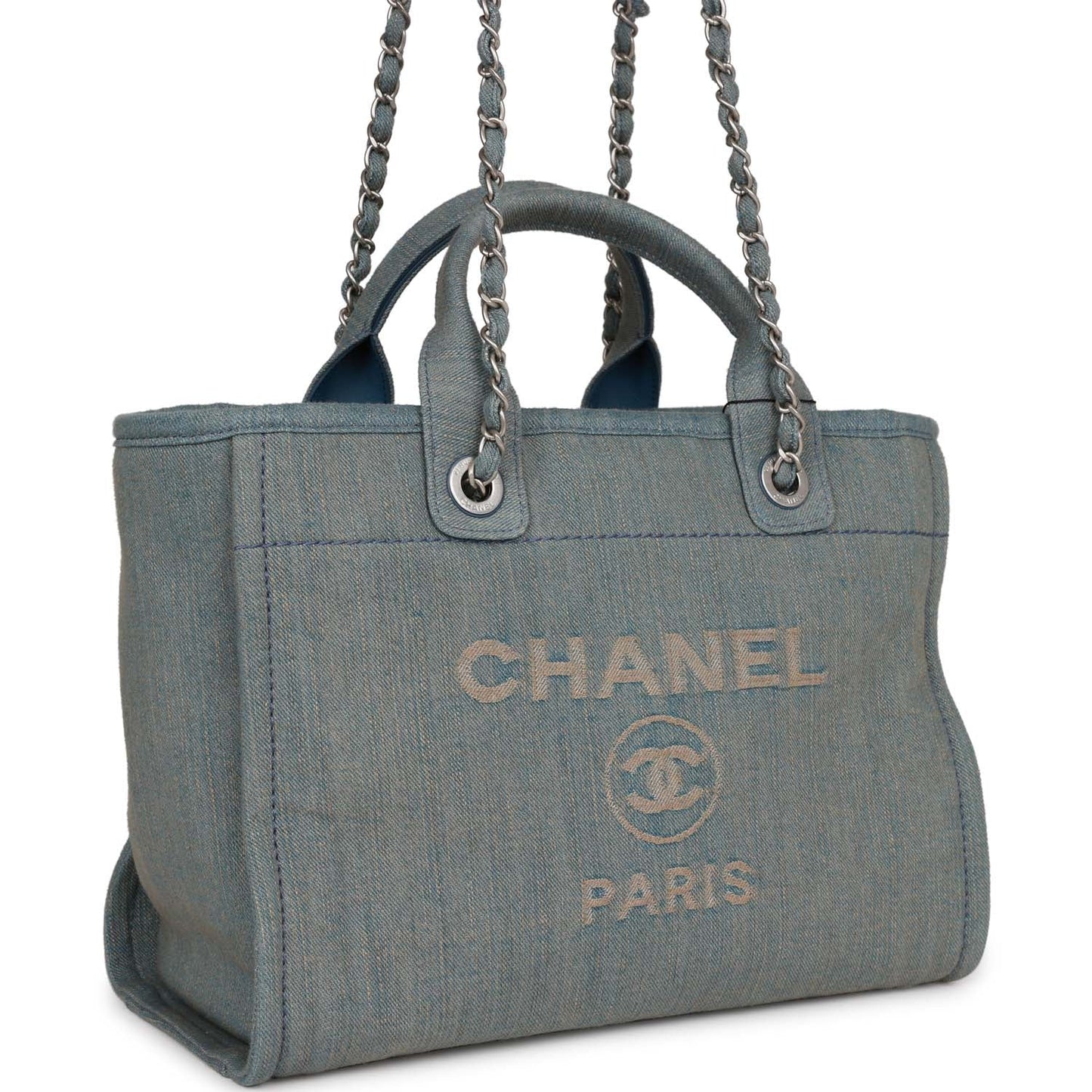 Chanel Small Deauville Shopping Tote Distressed Blue Denim Aged Silver Hardware