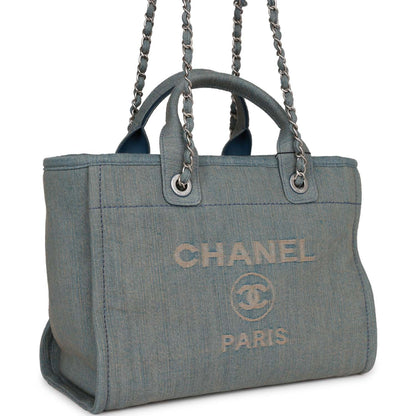 Chanel Small Deauville Shopping Tote Distressed Blue Denim Aged Silver Hardware