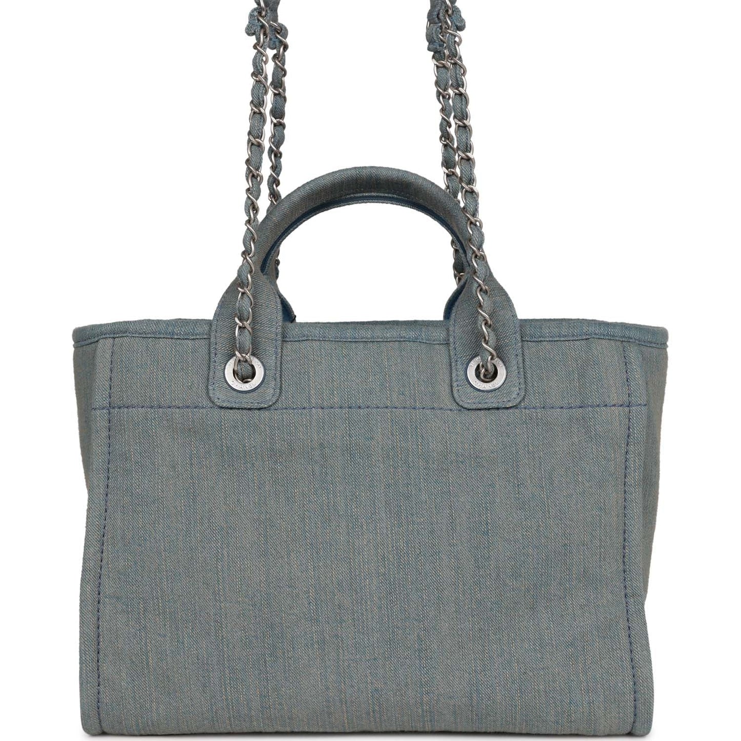 Chanel Small Deauville Shopping Tote Distressed Blue Denim Aged Silver Hardware