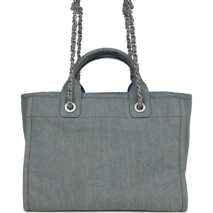 Chanel Small Deauville Shopping Tote Distressed Blue Denim Aged Silver Hardware